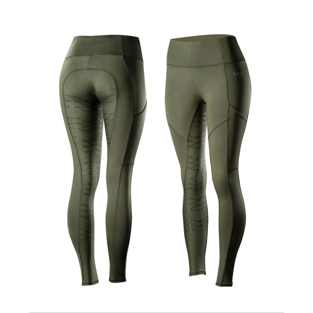 Horze Kira Silicone Grip Riding Tights Olive Green Size 30, Large Equestrian